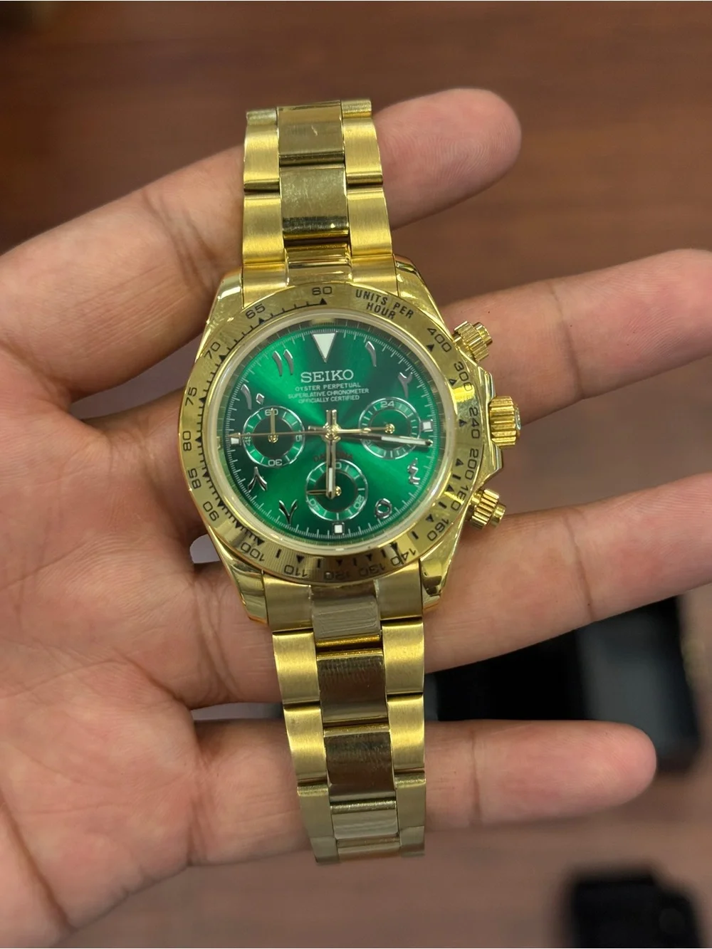 Seiko mod Gold Bracelet Chronograph with Green Dial Arabic Mens watch